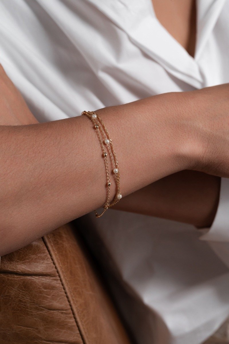 PULSEIRA TRIPLA COM BOLINHA E PÉROLA 3MM 18CM