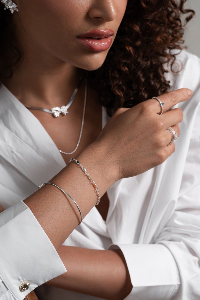 PULSEIRA PRATA COM 6 PEDRAS COLORIDA