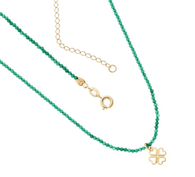 GARGANTILHA DE MIÇANGA VERDE COM PINGENTE TREVO EXTENSOR 10CM